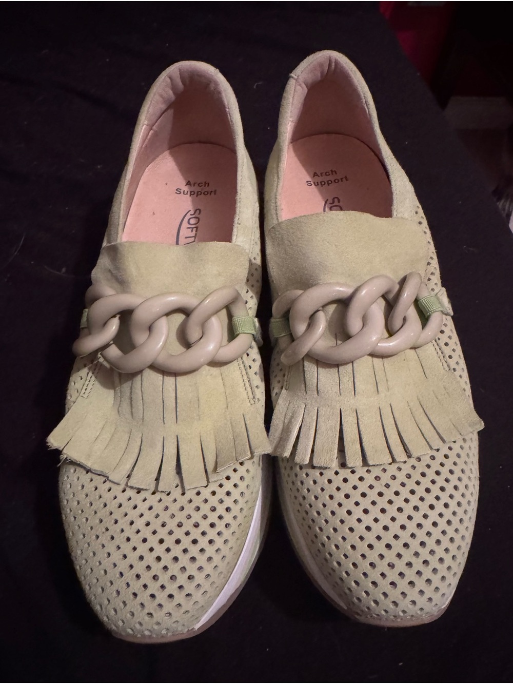Light Green Suede Fringe Loafers with Chain Accent - Women’s Comfort Flats